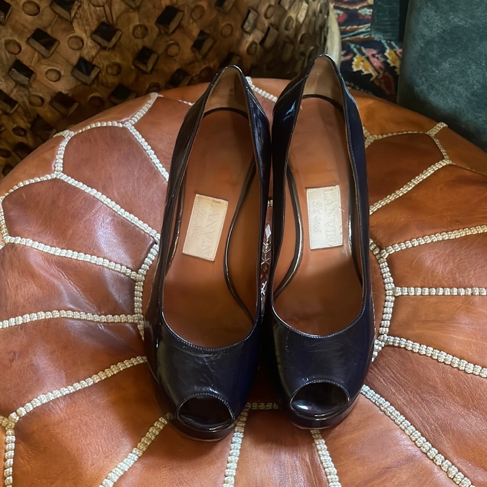 LANVINE Platform Peep-Toe Pumps
Size: 8, 39  Color is a dark teal patent leather